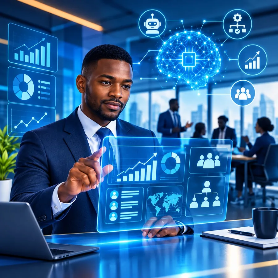 Business professional using AI dashboards and analytics in a modern office