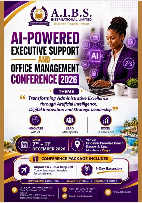 Poster: AI-Powered Executive Support and Office Management Conference 2026, 7th to 11th December 2026, PrideInn Paradise Beach Resort and Spa, Mombasa